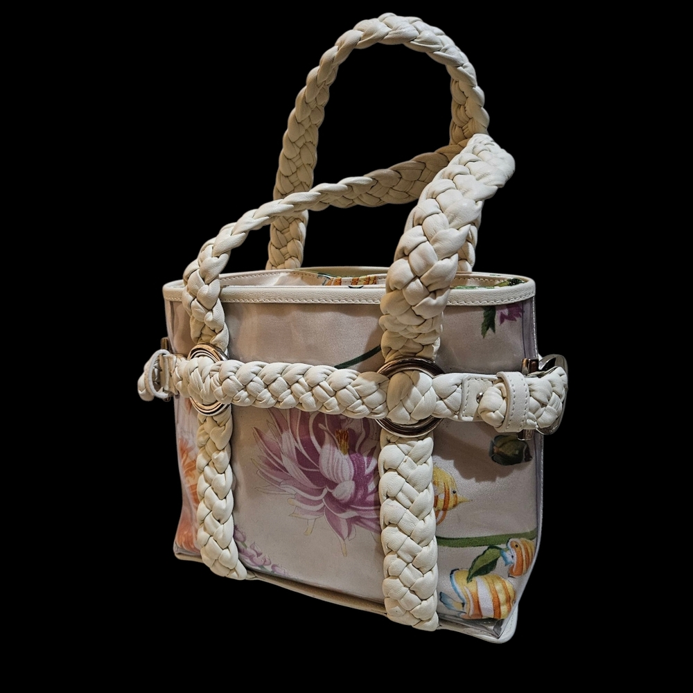 Floral Cream Braided Handle Tote Bag
